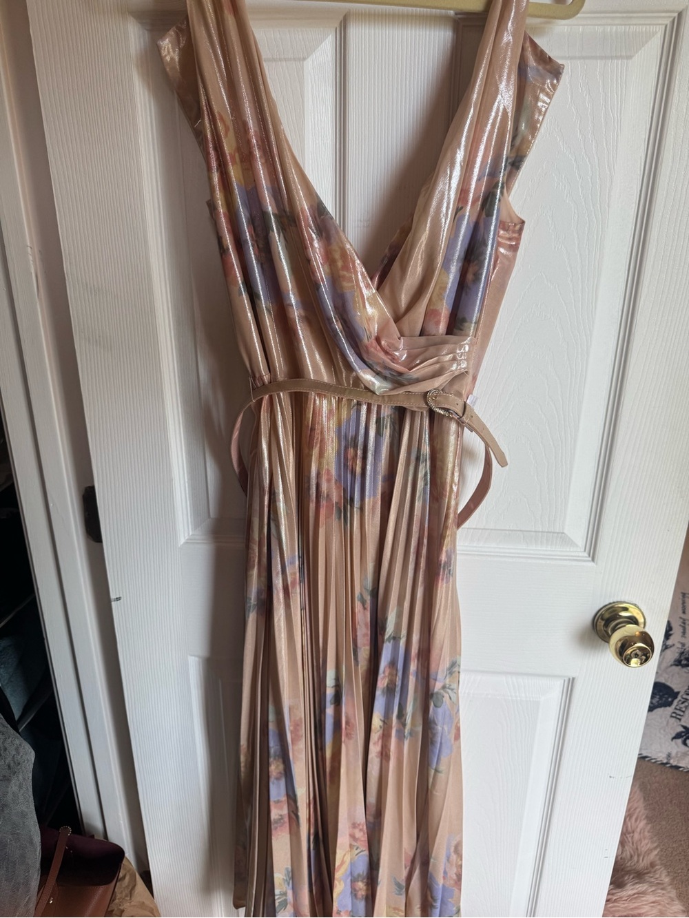 Pleated metallic floral dress Ralph Lauren nude and pink